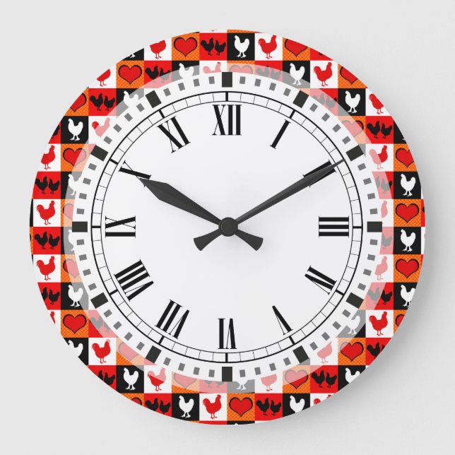 Red and Black Rooster Chickens and Hearts Pattern Large Clock (Front)