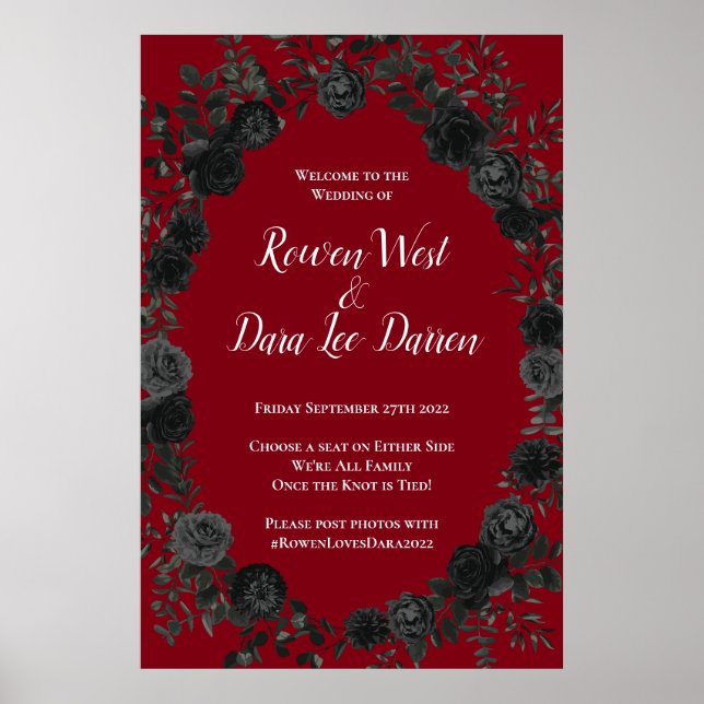 Red and Black Rose Gothic Wedding Ceremony Sign (Front)