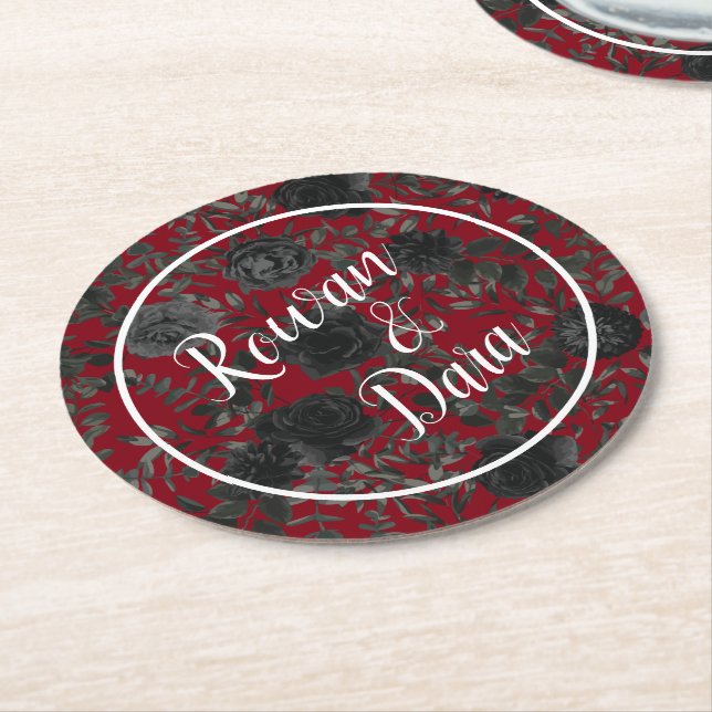Red and Black Rose Gothic Wedding Coasters (Angled)