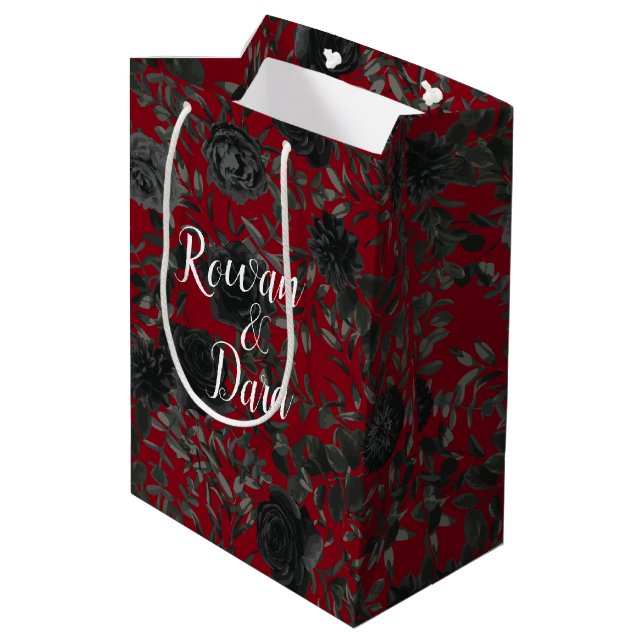Red and Black Rose Gothic Wedding Gift Bag (Back Angled)