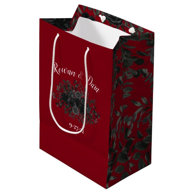 Red and Black Rose Gothic Wedding Gift Bag (Front Angled)
