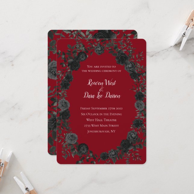 Red and Black Rose Gothic Wedding Invitations (Front/Back In Situ)