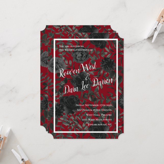 Red and Black Rose Gothic Wedding Invitations (Front/Back In Situ)