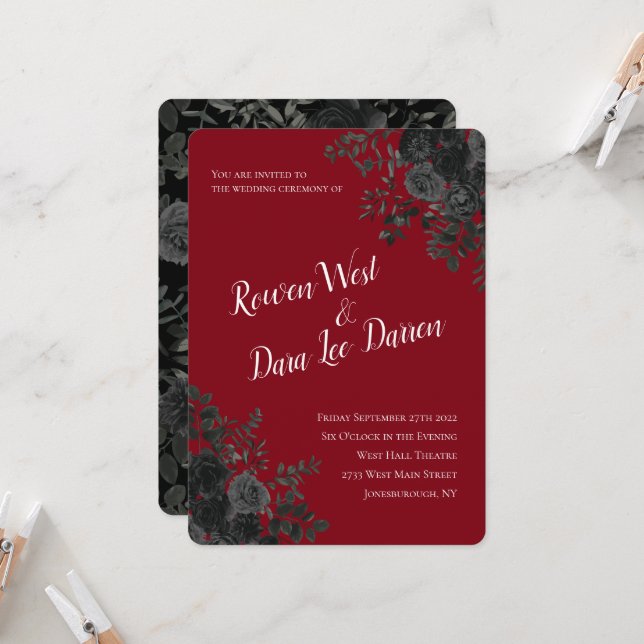 Red and Black Rose Gothic Wedding Invitations (Front/Back In Situ)