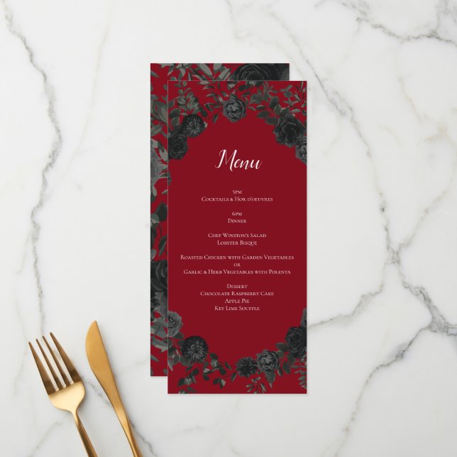 Red and Black Rose Gothic Wedding Menu (Front/Back In Situ)