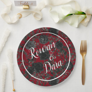 Red and Black Rose Gothic Wedding Paper Plates