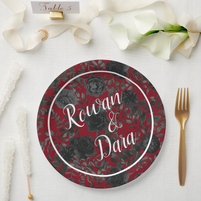 Red and Black Rose Gothic Wedding Paper Plates (Wedding)