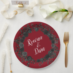 Red and Black Rose Gothic Wedding Paper Plates