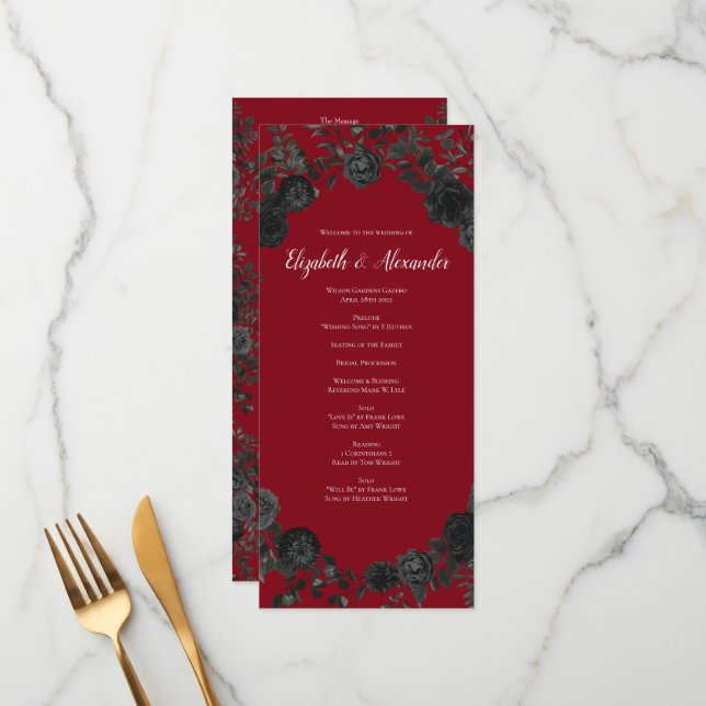 Red and Black Rose Gothic Wedding Programs Menu (Front/Back In Situ)