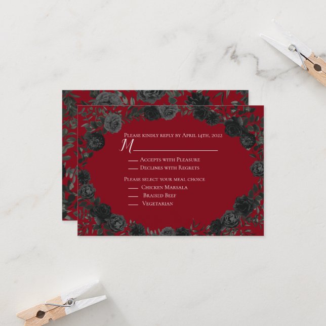 Red and Black Rose Gothic Wedding Reply Card (Front/Back In Situ)