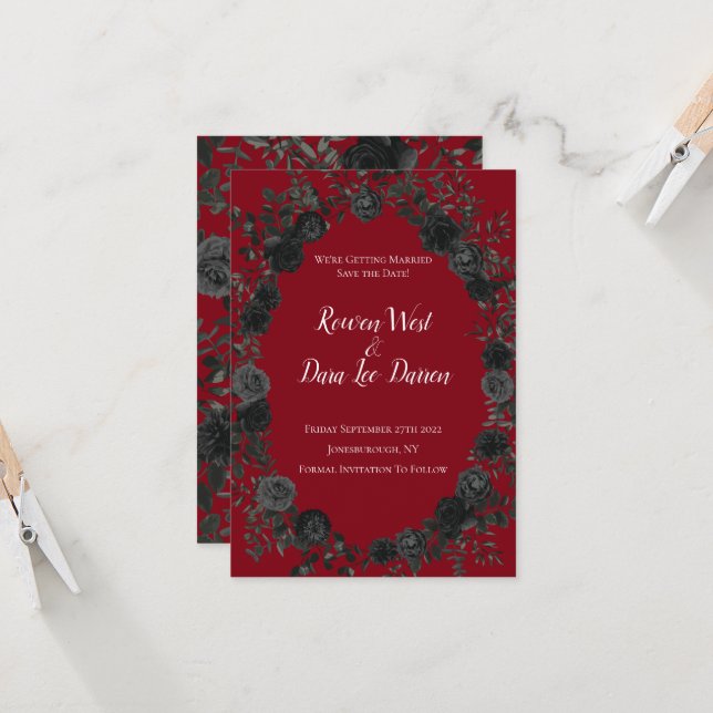Red and Black Rose Gothic Wedding Save the Date Invitation (Front/Back In Situ)