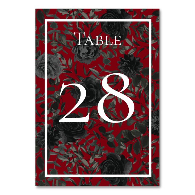 Red and Black Rose Gothic Wedding Table Numbers (Front)