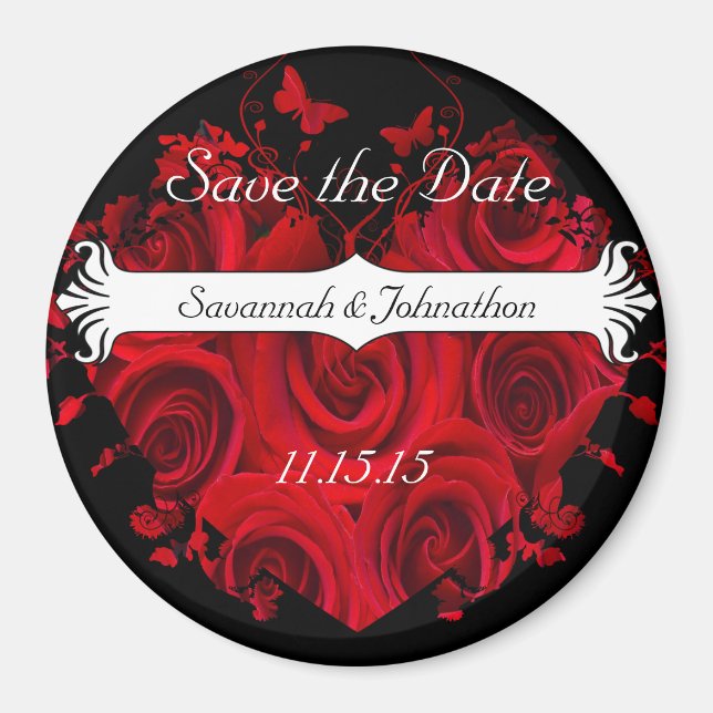 Red and Black Rose Heart Save the Date Magnets (Front)