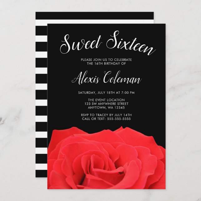 Red and Black Rose Sweet 16 Invitation (Front/Back)