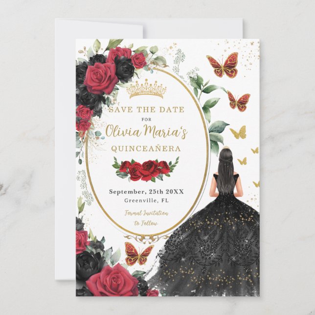 Red and Black Roses Floral Quinceañera  Save The Date (Front)