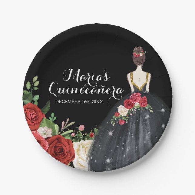 Red and Black Roses Mis Quince Paper Plate (Front)
