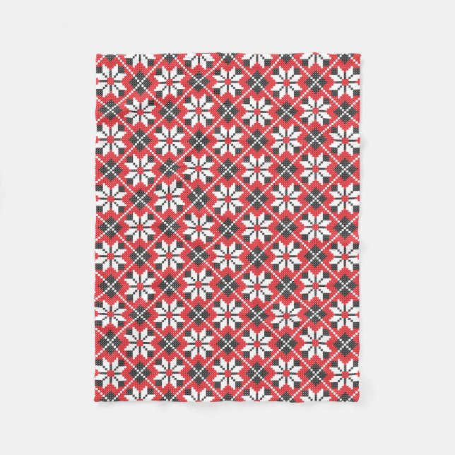 Red and black seamless cross-stitch pattern fleece blanket (Front)