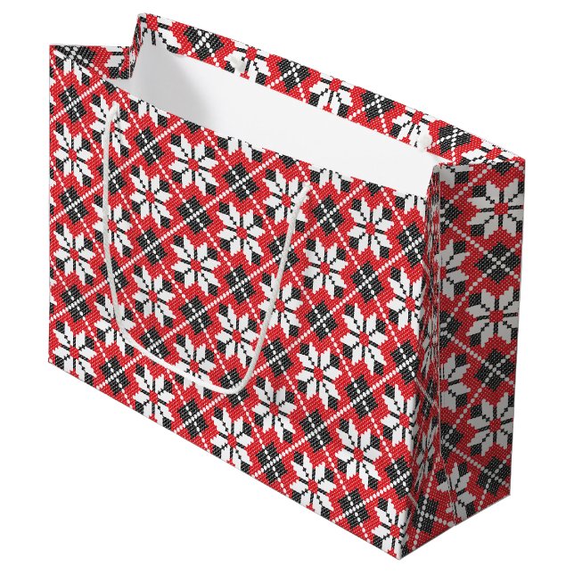 Red and black seamless cross-stitch pattern large gift bag (Front Angled)