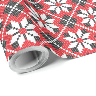 Red and black seamless cross-stitch pattern wrapping paper