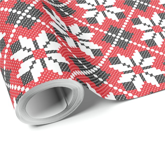 Red and black seamless cross-stitch pattern wrapping paper (Roll Corner)