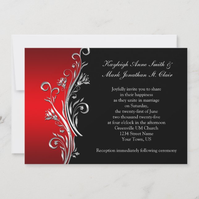 Red and Black Silver Ornate Swirls Wedding  Announcement (Front)