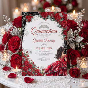 Red and Black Silver Tiara Butterflies Quinceanera Invitation