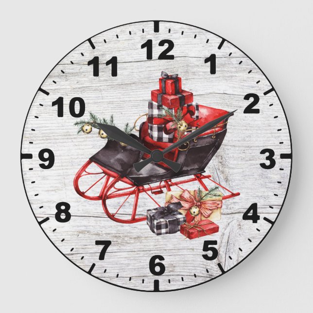 Red and Black Sleigh Packages Christmas Barn Wood Large Clock (Front)