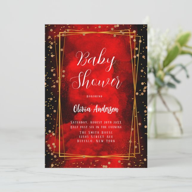 Red and Black Smokey Gold Geometric Baby Shower  Invitation (Standing Front)