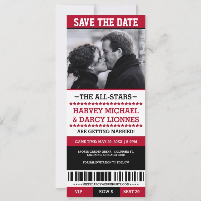 Red and Black Sports Ticket Save the Date (Front)