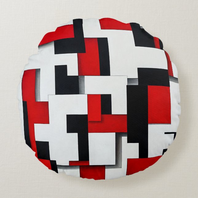 Red and black square pattern round cushion (Front)