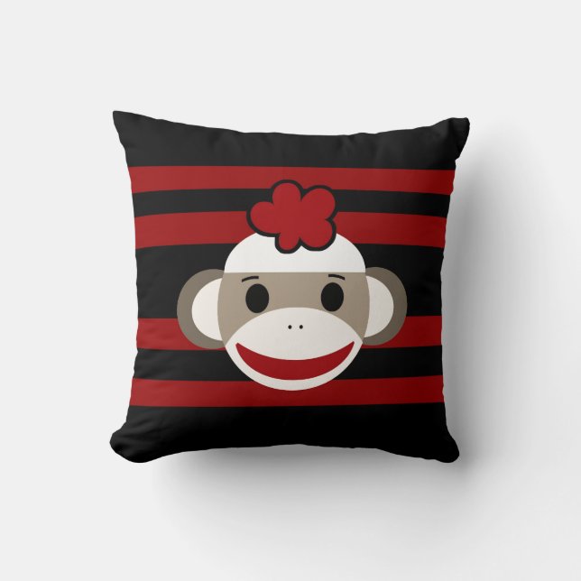 Red and Black Striped Sock Monkey Girl Flower Hat Cushion (Front)