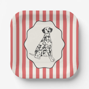Red and Black Stripes and Dog Illustration Paper Plate