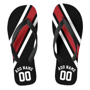 Red and Black Stripes with Name and Number Flip Flops