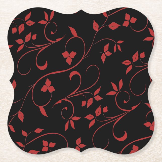 Red and Black Stunning Decorative Fern Paper Coaster (Front)