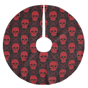 Red and Black Sugar Skull Pattern Brushed Polyester Tree Skirt