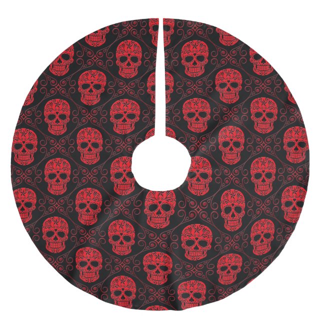 Red and Black Sugar Skull Pattern Brushed Polyester Tree Skirt (Front)