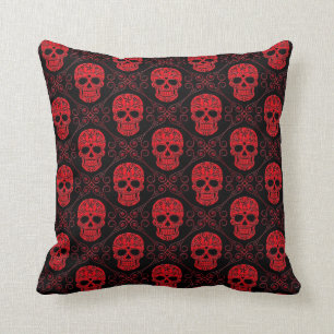 Red and Black Sugar Skull Pattern Cushion