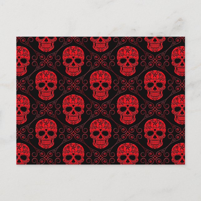 Red and Black Sugar Skull Pattern Postcard (Front)