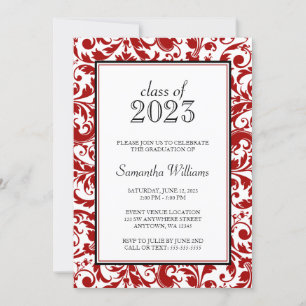 Red and Black Swirl Damask Graduation Announcement
