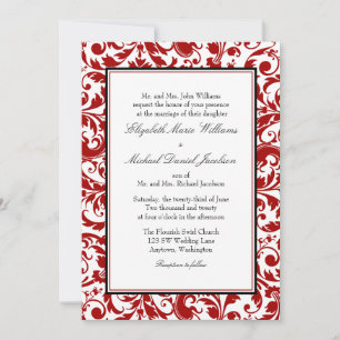 Red and Black Swirl Damask Wedding Invitation