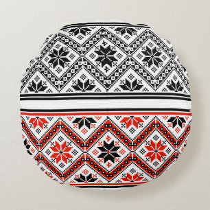 Red and Black Symmetrical Folk Art Round Throw Cushion