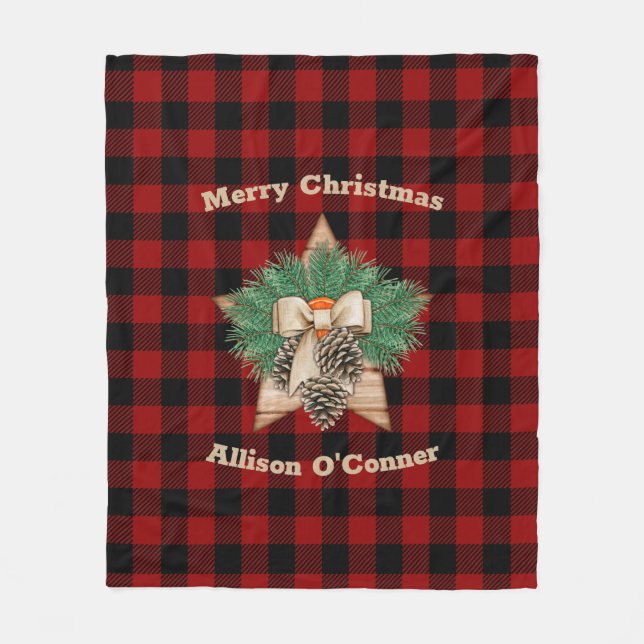 Red and Black tartan nordic Wooden Christmas Star  Fleece Blanket (Front)