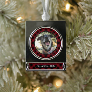 Red and Black Tartan Plaid Dog Photo Christmas Silver Plated Banner Ornament