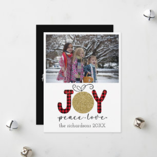 Red and Black Tartan Plaid Joy Peace Love Photo Holiday Card