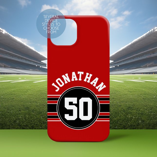 Red and Black Team Jersey Fan Gear Name Number Case-Mate iPhone Case (Personalized Phone Case with a Football Jersey Stripe Design)