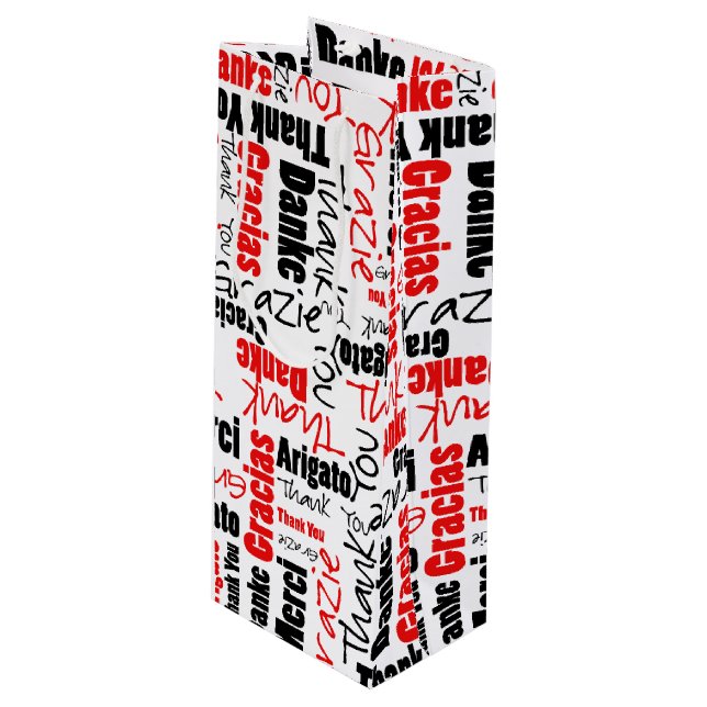 Red and Black Thank You Word Cloud Wine Gift Bag (Front Angled)