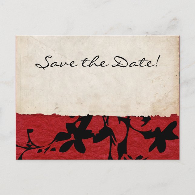 Red and Black Torn Paper Wedding Save The Date Announcement Postcard (Front)