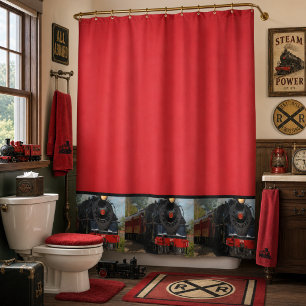 Red and Black Train / Railroad Shower Curtian Curtain
