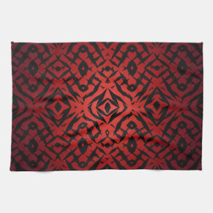 Red and black tribal shapes pattern tea towel