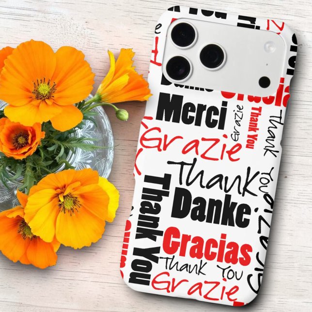 Red and Black Typography Multilingual Thank You (Red and black multilingual word cloud thank you iPhone case.)